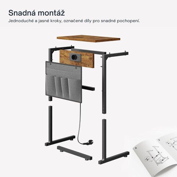 Odkládací stolek Houseland Fill s nabíjecí stanicí a kapsářem hnědý/černý