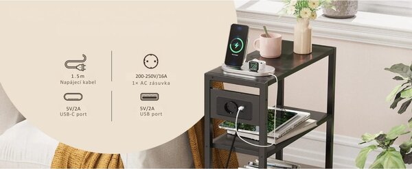 Odkládací stolek s nabíjecí stanicí a USB Houseland Qler černý