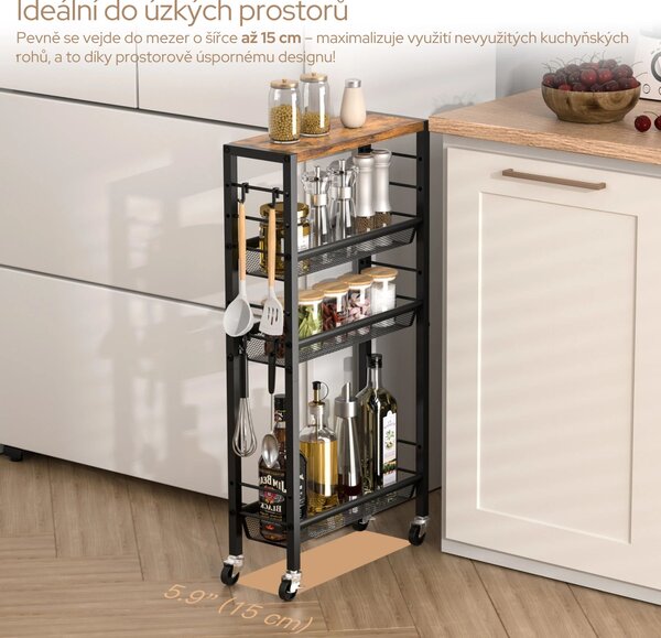 Pojízdný kuchyňský regál Houseland Luva hnědý/černý