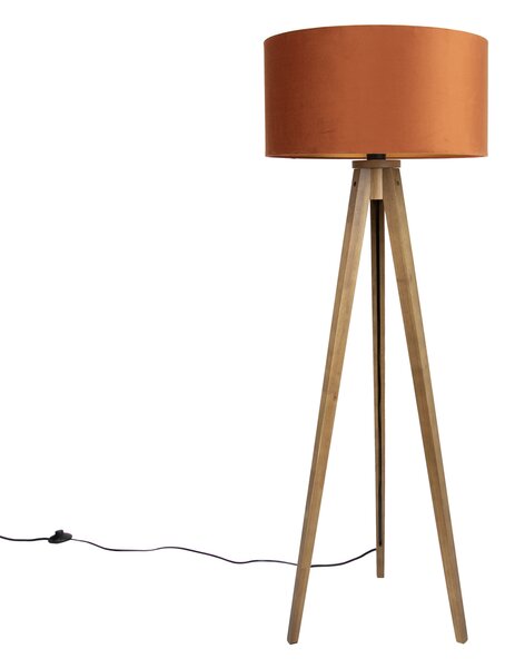 Dřevěná stojací lampa s oranžovým stínidlem a zlatým vnitřkem 50 cm - Tripod Classic