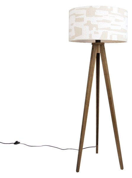 Dřevěná stojací lampa s béžovo-bílým pruhovaným stínidlem 50 cm - Tripod Classic