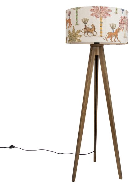 Dřevěná stojací lampa s vícebarevným stínidlem se zvířecím potiskem 50 cm - Tripod Classic