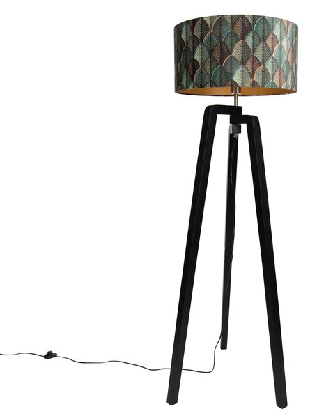 Stojací lampa černý stativ se stínidlem s motivem listů a zlatým interiérem 50 cm - Puros