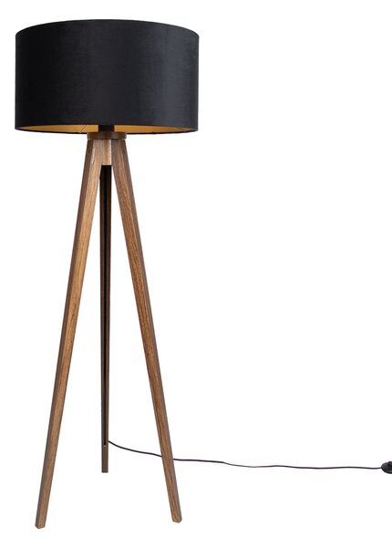 Stojací lampa ořechové dřevo s černým stínidlem se zlatým vnitřkem 50 cm - Tripod Classic