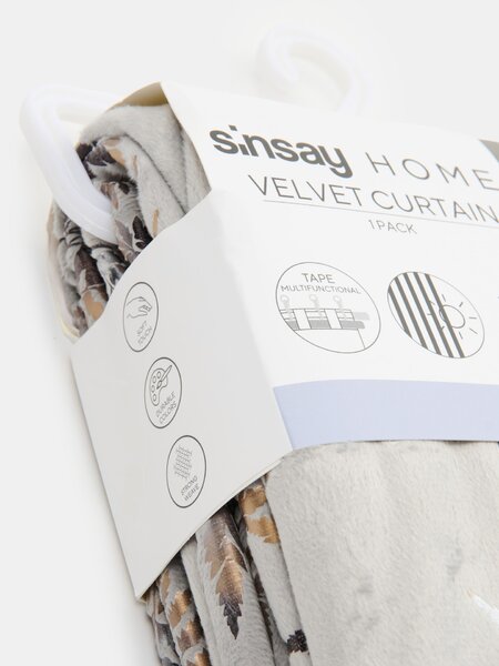 Sinsay - Sametový závěs na řasící pásce s metalickým vzorem kapradin - šedá