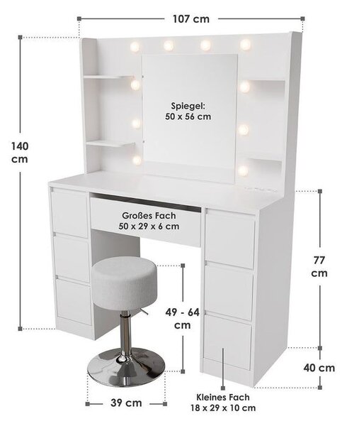Toaletní stolek s LED osvětlením a stoličkou, 7 zásuvek