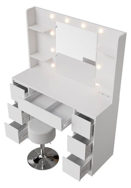 Toaletní stolek s LED osvětlením a stoličkou, 7 zásuvek