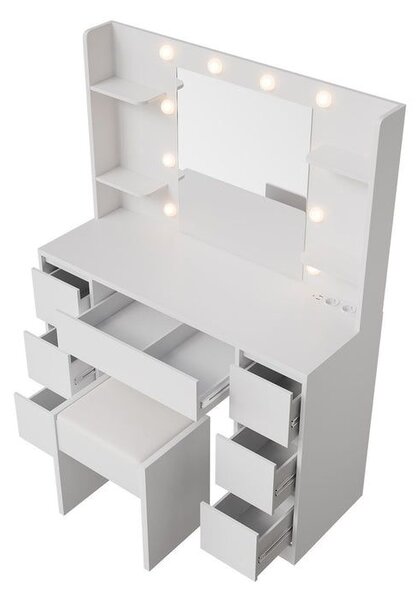 Kosmetický stolek s LED zrcadlem a taburetem, bílý