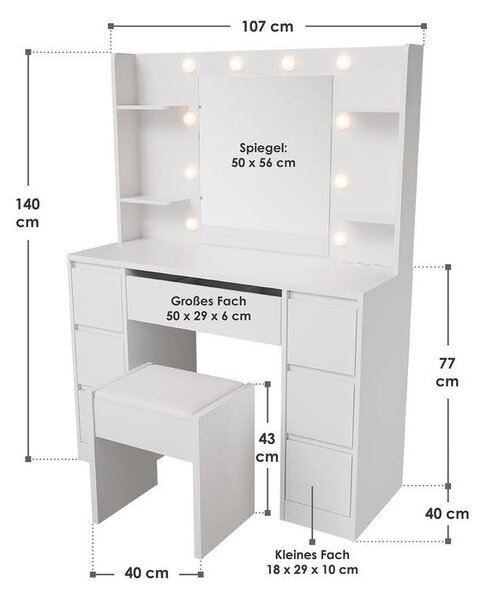 Kosmetický stolek s LED zrcadlem a taburetem, bílý