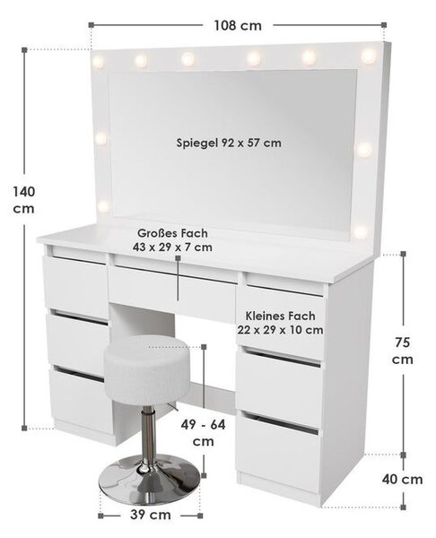 Kosmetický stolek s LED zrcadlem a stoličkou