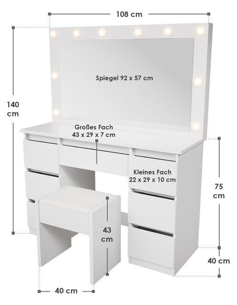 Kosmetický stolek s LED zrcadlem a stoličkou, bílý