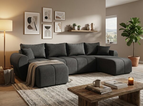 Rozkládací oboustranná sedací souprava do U SEVIO 311x145 cm, tmavě šedá + 2 polštářky ZDARMA