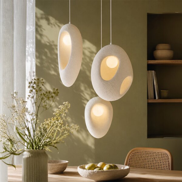 Japandi závěsná lampa bílá s organickým stínidlem, 3 světla - Moonstone