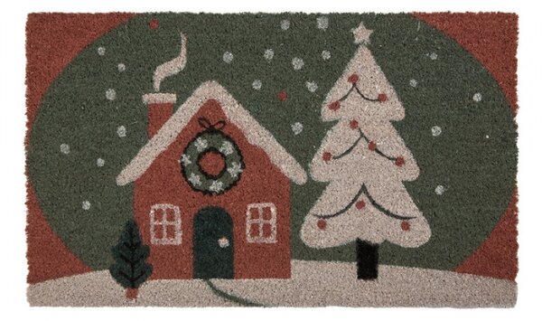Kokosová rohožka s vánočním motivem zasněženého domečku – 75x45x1 cm