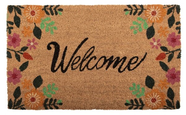 Kokosová rohožka s barevnými květy na okraji a s nápisem Welcome – 75x45x1 cm