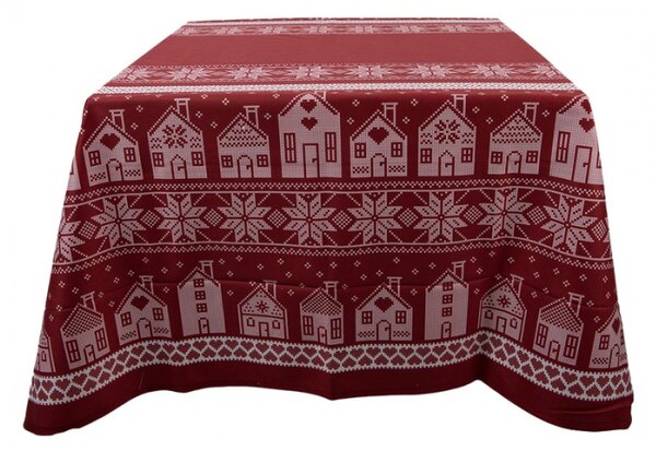 Červený vánoční ubrus s norským vzorem s domečky – 140x220 cm