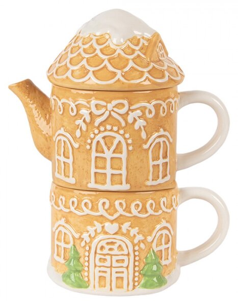 Vánoční keramická konvička s pokličkou a hrnečkem ve tvaru perníkového domečku – 19x12x23 cm