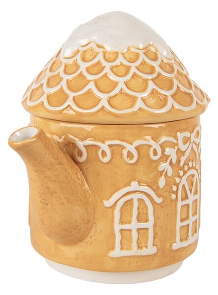 Vánoční keramická konvička s pokličkou a hrnečkem ve tvaru perníkového domečku – 19x12x23 cm