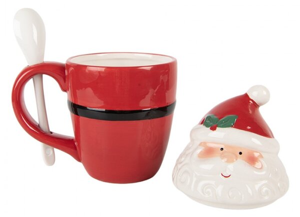 Červený vánoční hrneček Santa Claus s pokličkou a lžičkou – 13x9x17 cm