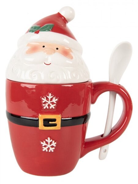 Červený vánoční hrneček Santa Claus s pokličkou a lžičkou – 13x9x17 cm