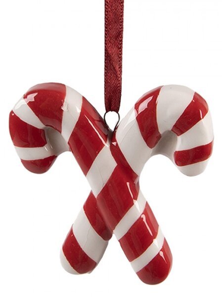 Vánoční keramické závěsné ozdoby cukrové hůlky Candy Cane červeno-bílé Moer – 6x2x8 cm