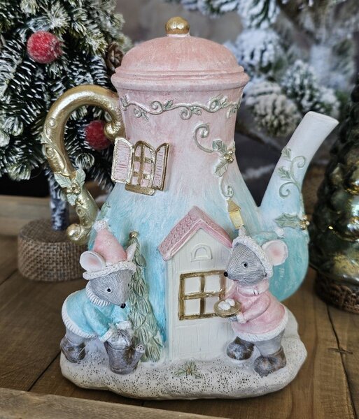 Vánoční dekorace svítící konvička s myškami - 15*12*16 cm - Clayre & Eef