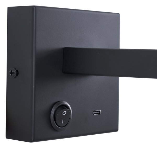 Moderní černá nástěnná lampa s USB-C, naklápěcí - Rex