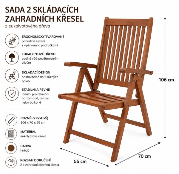 Zahradní dřevěné židle / křesla Verdan 2 ks - eukalyptus