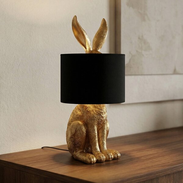 Lindby stolní lampa Lorentina, výška 57 cm, zajíc, zlatá, textil, Černá, Obývací pokoj / jídelna, Textil / tkanina / hedvábí, Design