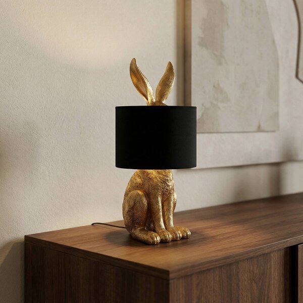 Lindby stolní lampa Lorentina, výška 57 cm, zajíc, zlatá, textil, Černá, Obývací pokoj / jídelna, Textil / tkanina / hedvábí, Design