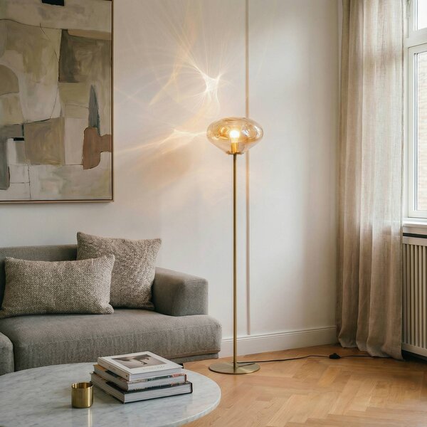Lindby stojací lampa Lelia, jantarová, sklo, kov, 150 cm, Krémová / jantar, Obývací pokoj / jídelna, Sklo, Design