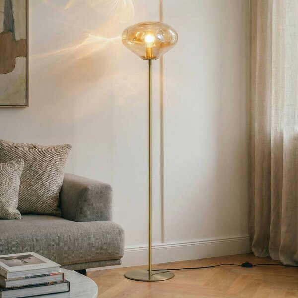 Lindby stojací lampa Lelia, jantarová, sklo, kov, 150 cm, Krémová / jantar, Obývací pokoj / jídelna, Sklo, Design