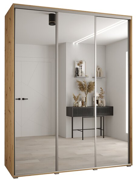 Šatní skříň s posuvnými zrcadlovými dveřmi DAVOS 190cm | DUB Artisan / stříbrné pojezdy