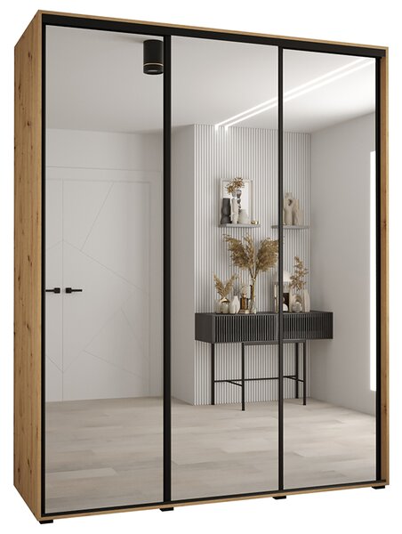 Šatní skříň s posuvnými zrcadlovými dveřmi DAVOS 190cm | DUB Artisan / černé pojezdy