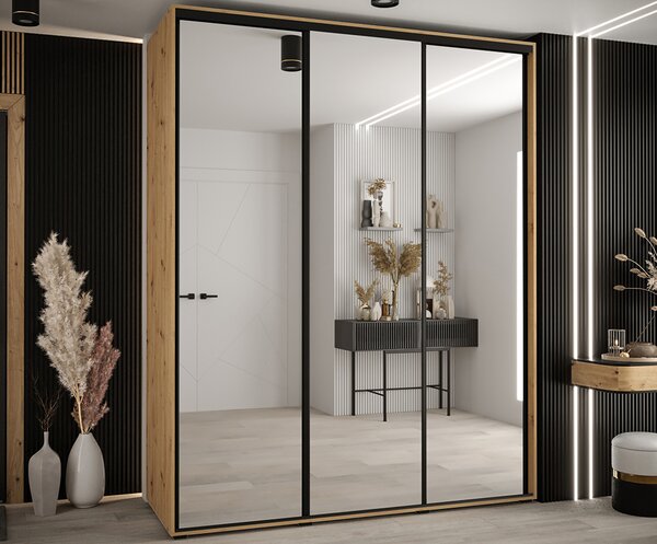 Šatní skříň s posuvnými zrcadlovými dveřmi DAVOS 190cm | DUB Artisan / černé pojezdy