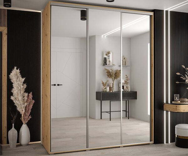 Šatní skříň s posuvnými zrcadlovými dveřmi DAVOS 190cm | DUB Artisan / stříbrné pojezdy