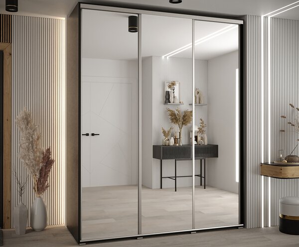 Šatní skříň s posuvnými zrcadlovými dveřmi DAVOS 190cm | Černá / stříbrné pojezdy