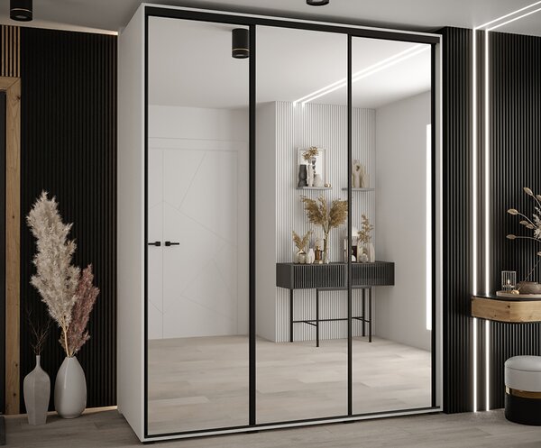 Šatní skříň s posuvnými zrcadlovými dveřmi DAVOS 190cm | Bílá / černé pojezdy