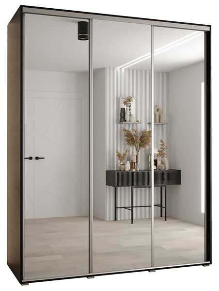 Šatní skříň s posuvnými zrcadlovými dveřmi DAVOS 190cm | Černá / stříbrné pojezdy