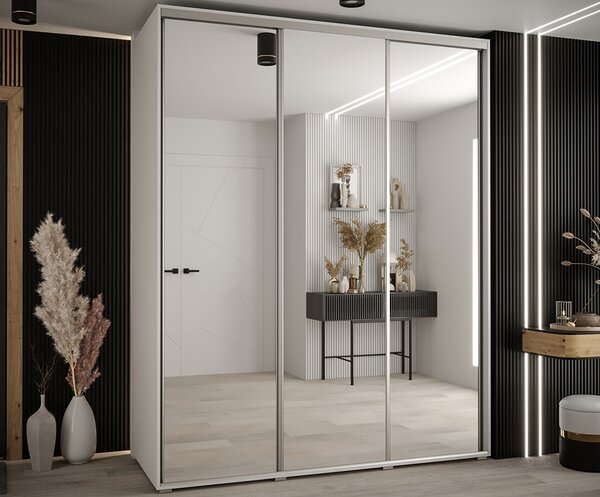 Šatní skříň s posuvnými zrcadlovými dveřmi DAVOS 190cm | Bílá / stříbrné pojezdy