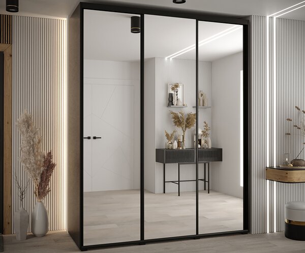 Šatní skříň s posuvnými zrcadlovými dveřmi DAVOS 190cm | Černá /černé pojezdy
