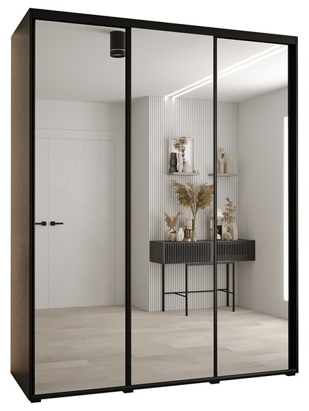 Šatní skříň s posuvnými zrcadlovými dveřmi DAVOS 190cm | Černá /černé pojezdy