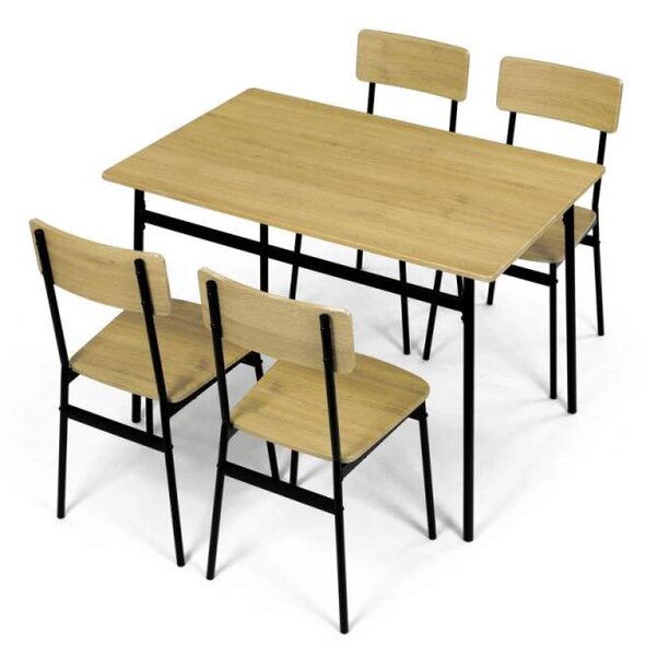 Jídelní set (1+4), MDF dekor divoký dub, čtyřnohá kovová podnož, černý matný lak