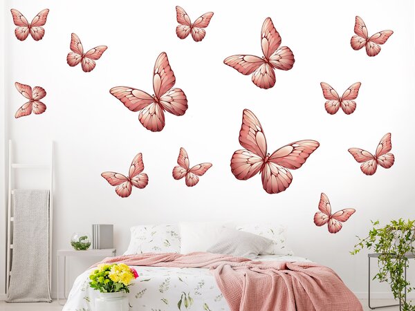 Motýli světle červení 13 ks textilní přelepitelné samolepky na zeď arch 100 x 100 cm