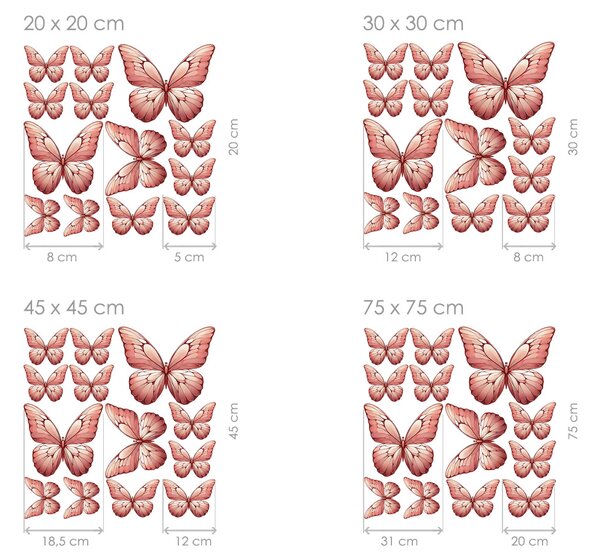 Motýli světle červení 13 ks textilní přelepitelné samolepky na zeď arch 100 x 100 cm