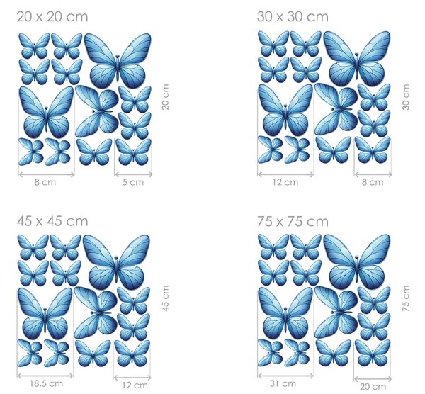 Motýli světle modří 13 ks textilní přelepitelné samolepky na zeď arch 100 x 100 cm