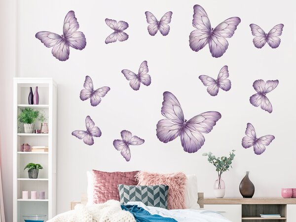Motýli světle fialoví 13 ks textilní přelepitelná samolepka na zeď arch 100 x 100 cm