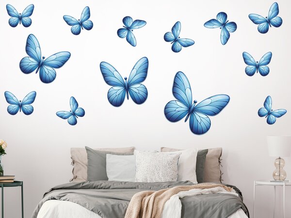 Motýli světle modří 13 ks textilní přelepitelné samolepky na zeď arch 100 x 100 cm