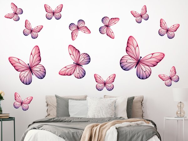 Motýli světle růžoví 13 ks textilní přelepitelné samolepky na zeď arch 100 x 100 cm