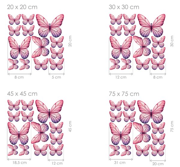 Motýli světle růžoví 13 ks textilní přelepitelné samolepky na zeď arch 100 x 100 cm